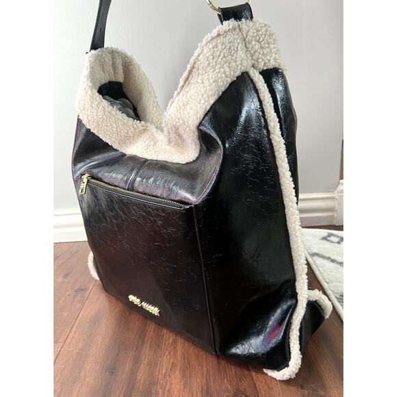 STEVE MADDEN Black Vegan Leather Shearling Extra Large Hobo Purse Bag Tote - Picture 4 of 13
